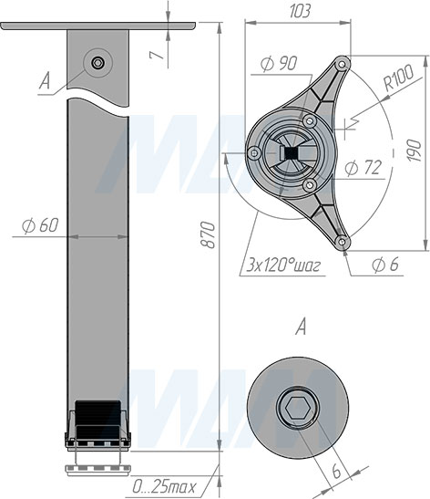 Размеры опоры для стола, диаметр 60 мм, высота 870 мм, регулировка 25 мм (артикул X4RG 870)