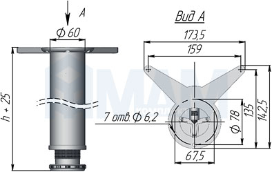 Размеры опоры для стола, диаметр 60 мм, высота 715 мм, регулировка 25 мм (артикул X4RG 710 / 4 ШТ)