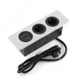 DESK открытый блок розеток, 254*80 мм, 2 розетки, 1 USB, 1 USB Type-C, быстрая зарядка, серебро