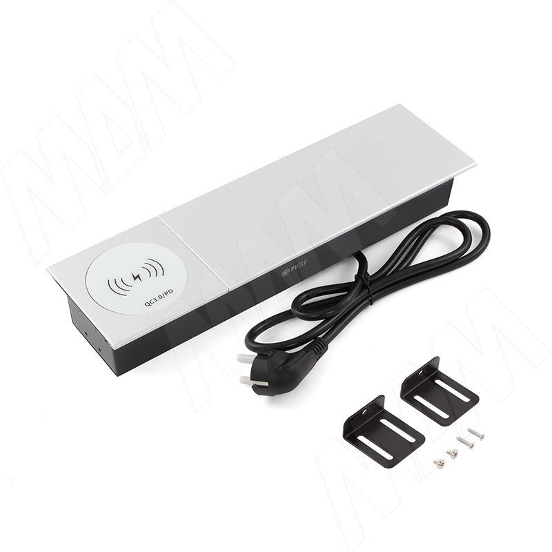 SLIDE блок розеток со сдвижной крышкой, 350*100 мм, 2 розетки, 1 USB, 1 USB Type-C, быстрая зарядка, беспроводная зарядка, серебро фото товара 2 - SLS-S-2S1A1C-FW-AL