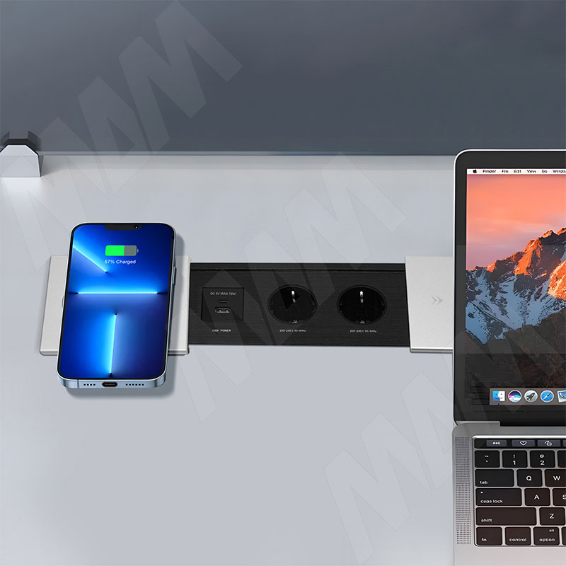 SLIDE блок розеток со сдвижной крышкой, 350*100 мм, 2 розетки, 1 USB, 1 USB Type-C, быстрая зарядка, беспроводная зарядка, серебро фото товара 4 - SLS-S-2S1A1C-FW-AL