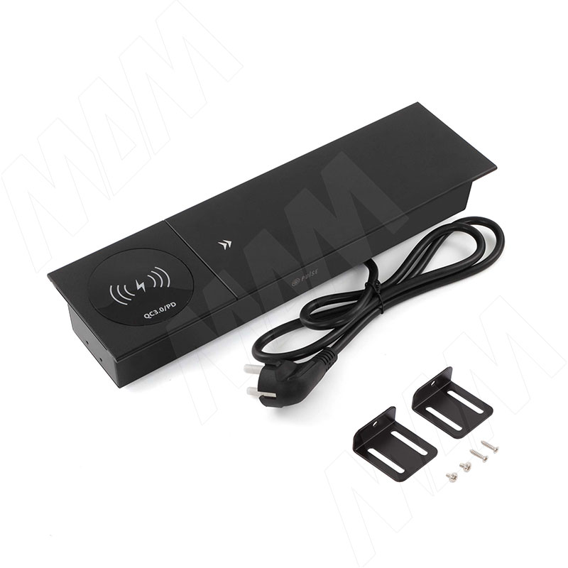 SLIDE блок розеток со сдвижной крышкой, 350*100 мм, 2 розетки, 1 USB, 1 USB Type-C, быстрая зарядка, беспроводная зарядка, черный фото товара 2 - SLS-S-2S1A1C-FW-BL