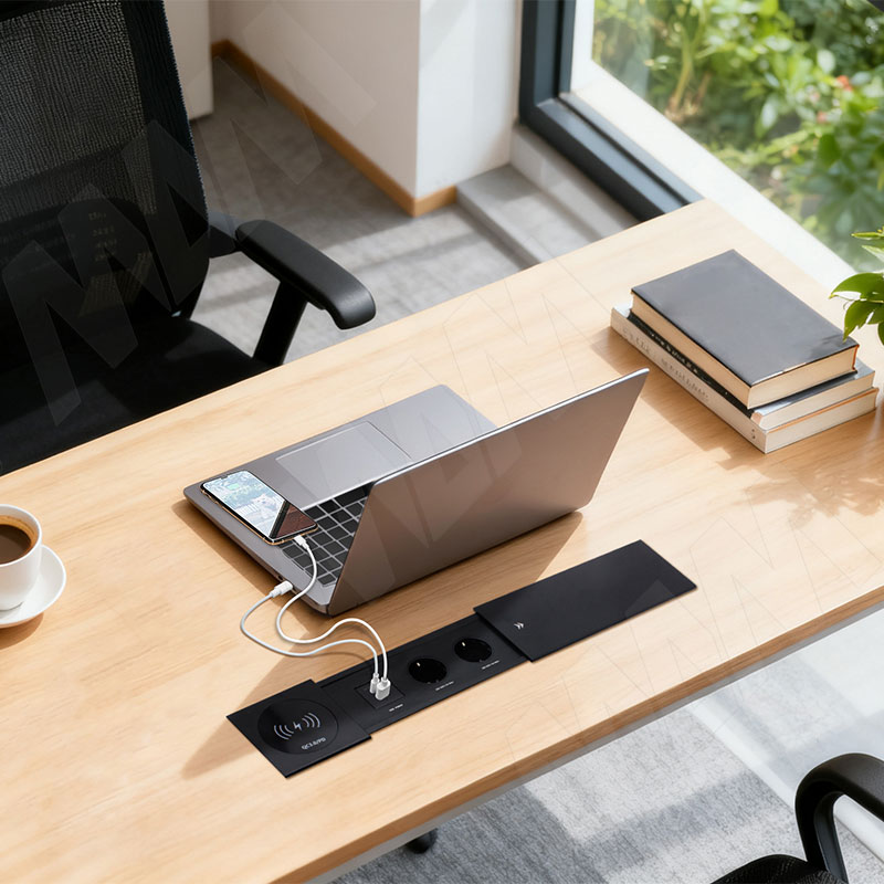 SLIDE блок розеток со сдвижной крышкой, 350*100 мм, 2 розетки, 1 USB, 1 USB Type-C, быстрая зарядка, беспроводная зарядка, черный фото товара 5 - SLS-S-2S1A1C-FW-BL