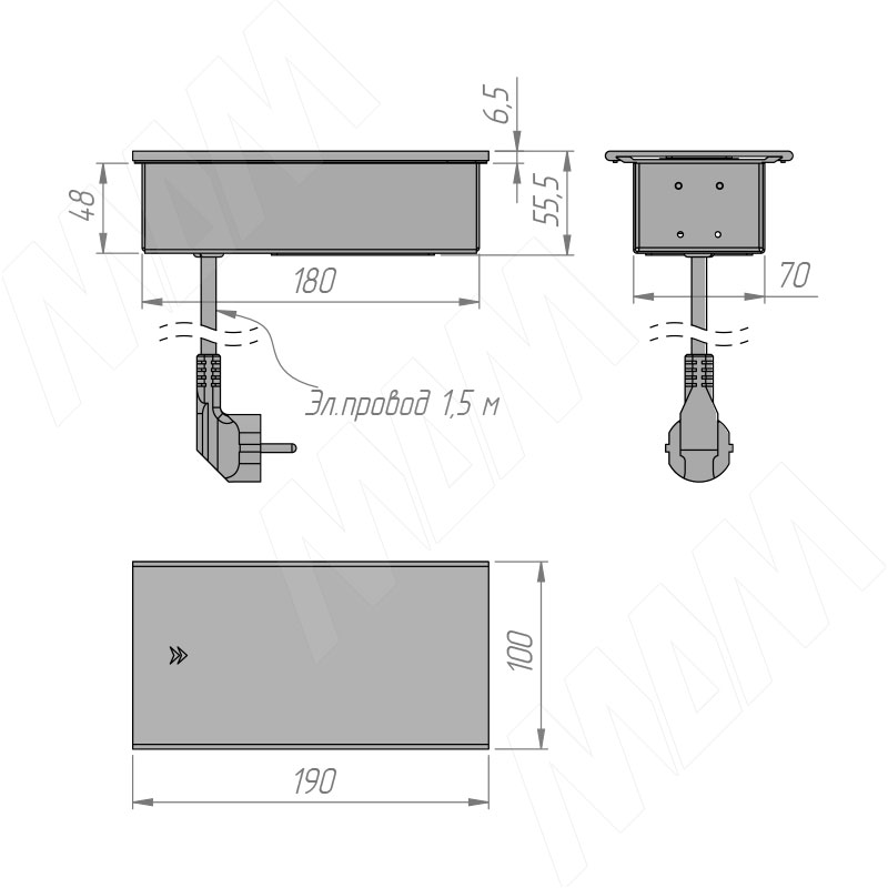 SLIDE блок розеток со сдвижной крышкой, 190*100 мм, 2 розетки, 1 USB, 1 USB Type-C, быстрая зарядка, серебро фото товара 4 - SLS-S-2S1A1C-F-AL