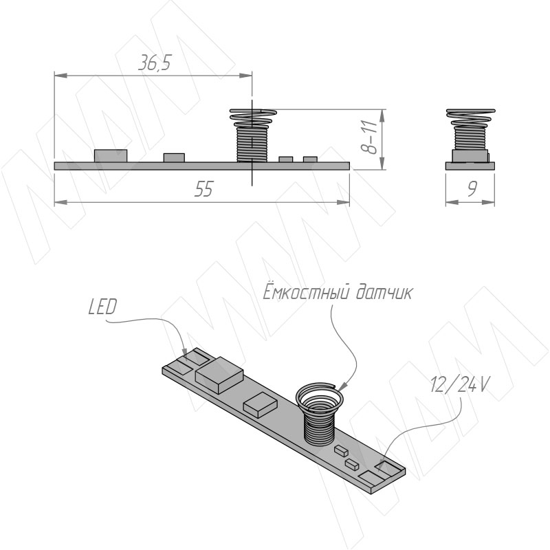 Выключатель сенсорный, диммируемый, для установки в профиль, 12/24V, 60/120W фото товара 2 - SW1-TS-PR-1