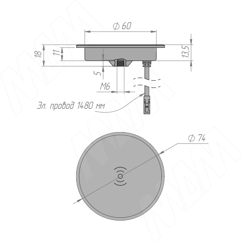 WIZ беспроводное зарядное устройство, врезное, d=74 мм, черный, 12V, 15W фото товара 6 - WCH-60-1W-BL