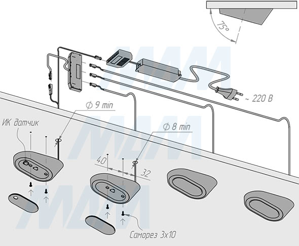Установка светильника AURA овального, черного, 12V, 2,5W (артикул AU12-NO-BL-NW3) чертеж 2