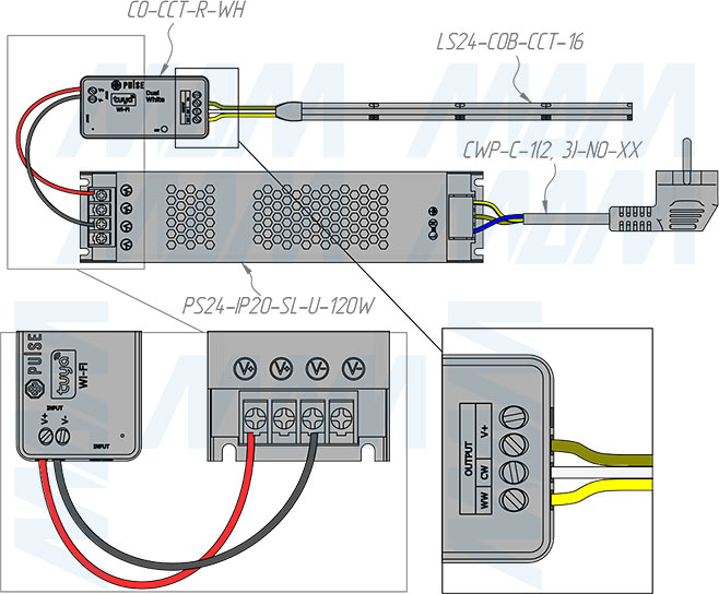 Подключение контроллера SMART для светодиодных лент CCT, 2.4 ГГц (артикул CO-CCT-R-WH)