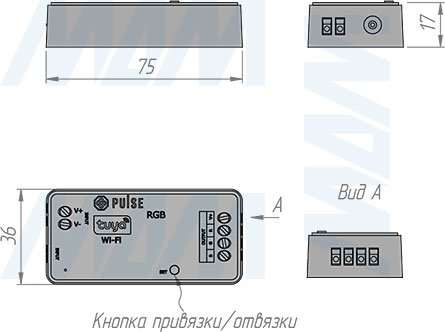 Размеры контроллера SMART для светодиодных лент RGB, 2.4 ГГц (артикул CO-RGB-R-WH)