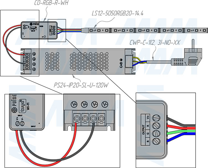 Подключение контроллера SMART для светодиодных лент RGB, 2.4 ГГц (артикул CO-RGB-R-WH)