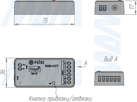 Размеры контроллера SMART для светодиодных лент RGBCCT, 2.4 ГГц (артикул CO-RGBCCT-R-WH)