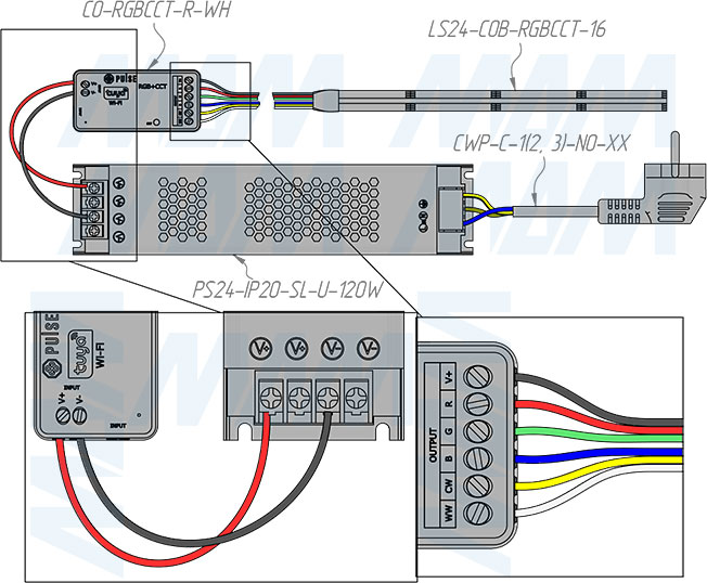Подключение контроллера SMART для светодиодных лент RGBCCT, 2.4 ГГц (артикул CO-RGBCCT-R-WH)