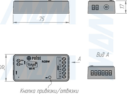 Размеры контроллера SMART для светодиодных лент RGBW, 2.4 ГГц (артикул CO-RGBW-R-WH)
