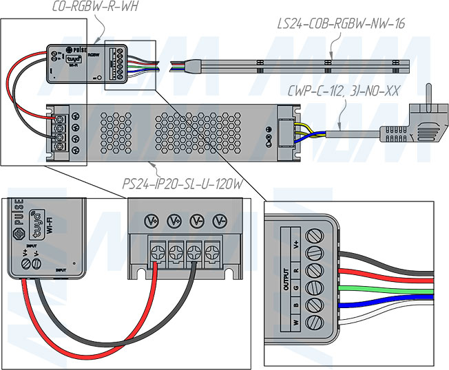 Подключение контроллера SMART для светодиодных лент RGBW, 2.4 ГГц (артикул CO-RGBW-R-WH)