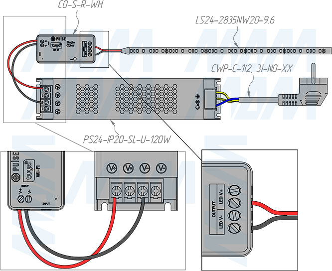 Подключение контроллера SMART для монохромных светодиодных лент, 2.4 ГГц (артикул CO-S-R-WH)