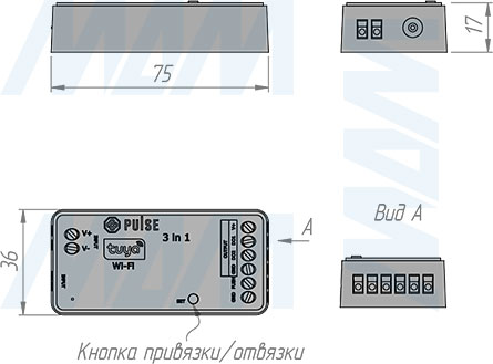 Размеры контроллера SMART для светодиодных лент SPI, 2.4 ГГц (артикул CO-SPI-3IN1-R)