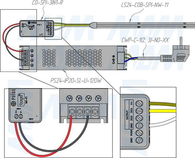 Подключение контроллера SMART для светодиодных лент SPI, 2.4 ГГц (артикул CO-SPI-3IN1-R)