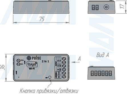 Размеры контроллера SMART для монохромных и CCT светодиодных лент, 2.4 ГГц, WiFi, Tuya (артикул CO-TU-2IN1-R-WIFI-BT)