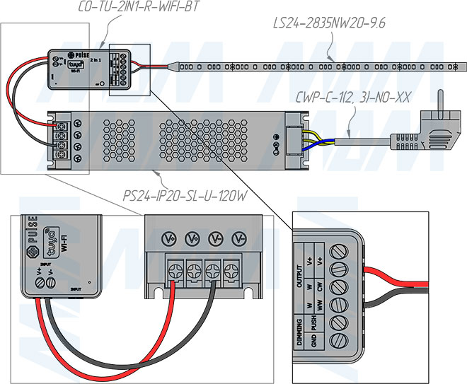 Подключение контроллера SMART для монохромных и CCT светодиодных лент, 2.4 ГГц, WiFi, Tuya (артикул CO-TU-2IN1-R-WIFI-BT), схема 1