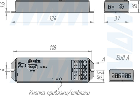Размеры контроллера SMART для монохромных, CCT,  RGB, RGBW, RGBCCT светодиодных лент, 2.4 ГГц, WiFi, Tuya (артикул CO-TU-5IN1-R-WIFI-BT)