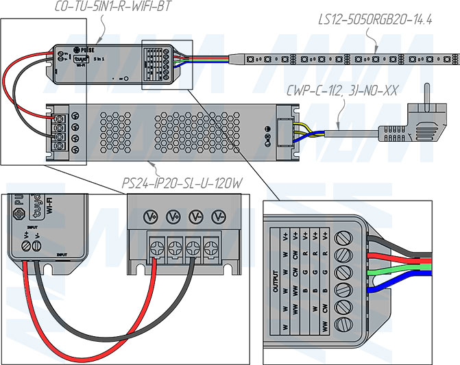 Подключение контроллера SMART для монохромных, CCT,  RGB, RGBW, RGBCCT светодиодных лент, 2.4 ГГц, WiFi, Tuya (артикул CO-TU-5IN1-R-WIFI-BT), схема 3