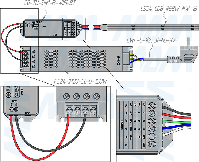 Подключение контроллера SMART для монохромных, CCT,  RGB, RGBW, RGBCCT светодиодных лент, 2.4 ГГц, WiFi, Tuya (артикул CO-TU-5IN1-R-WIFI-BT), схема 5