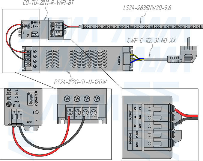 Подключение контроллера SMART для монохромных и CCT светодиодных лент, 2.4 ГГц, Zigbee 3.0 (артикул CO-ZB-2IN1-R), схема 1