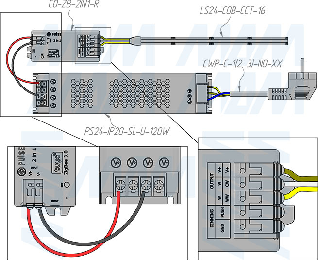 Подключение контроллера SMART для монохромных и CCT светодиодных лент, 2.4 ГГц, Zigbee 3.0 (артикул CO-ZB-2IN1-R), схема 2