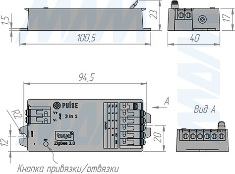 Размеры контроллера SMART для RGB, RGBW, RGBCCT светодиодных лент, 2.4 ГГц, Zigbee 3.0 (артикул CO-ZB-3IN1-R)