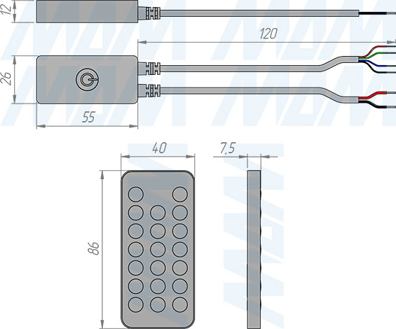 Размеры диммера с пультом ДУ, 2.4Г Гц, для светодиодной ленты RGB (артикул CORE-RGB-RC-WH)