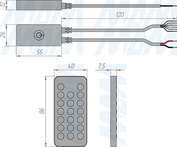 Размеры диммера с пультом ДУ, 2.4Г Гц, для светодиодной ленты RGBCCT (артикул CORE-RGBCCT-RC-WH)