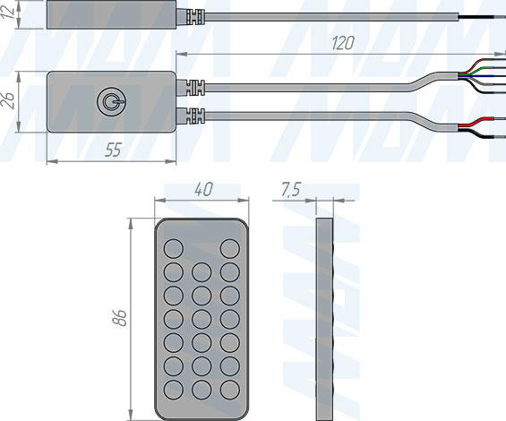 Размеры диммера с пультом ДУ, 2.4Г Гц, для светодиодной ленты RGBW (артикул CORE-RGBW-RC-WH)