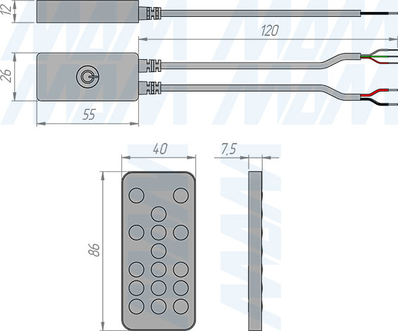 Размеры диммера с пультом ДУ, 2.4Г Гц, для светодиодной ленты SPI (артикул CORE-SPI-RC-WH)