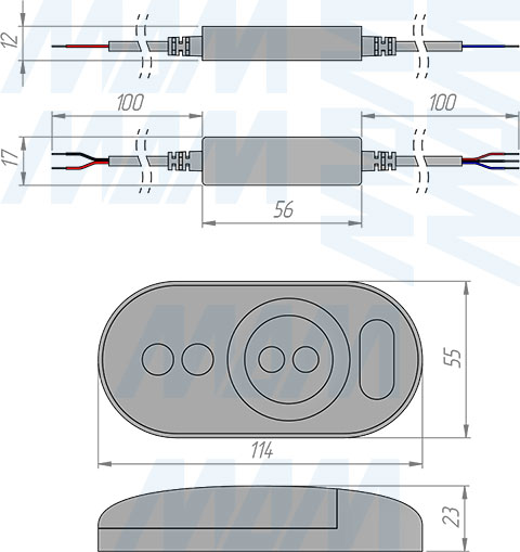 Размеры диммера с пультом ДУ, 433 МГц, для светодиодной ленты CCT (артикул CORE-ST-CCT-RC-BL)