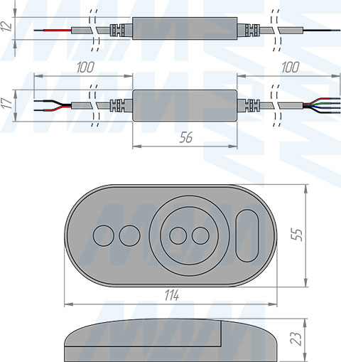Размеры диммера с пультом ДУ, 433 МГц, для светодиодной ленты RGB (артикул CORE-ST-RGB-RC-BL)