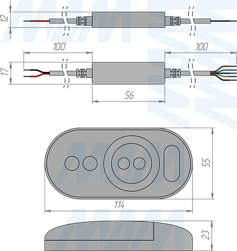 Размеры диммера с пультом ДУ, 433 МГц, для светодиодной ленты RGBW (артикул CORE-ST-RGBW-RC-BL)