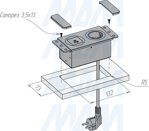 Установка открытого блока розеток, 190x80 мм, 1 розетка, 1 USB, 1 USB Type-C, быстрая зарядка (артикул DS-S-1S1A1C-F)