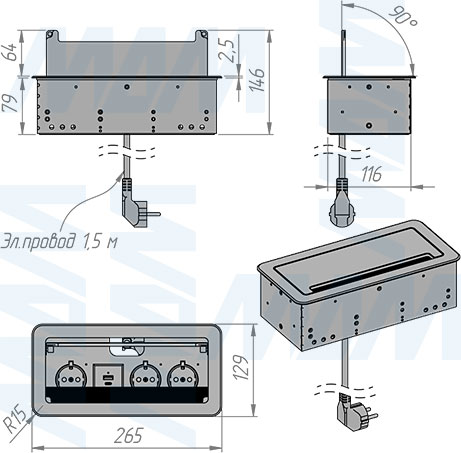 Размеры блока розеток с откидной крышкой, 265x129 мм, 3 розетки, 1 USB, 1 USB Type-C, быстрая зарядка (артикул FU-S-3S1A1C-F)