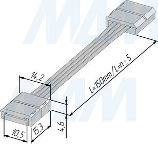 Размеры коннектора STANDART для ленты 10 мм RGB, провод 150 мм (артикул LSA-10R4-ST-SS-15-20)