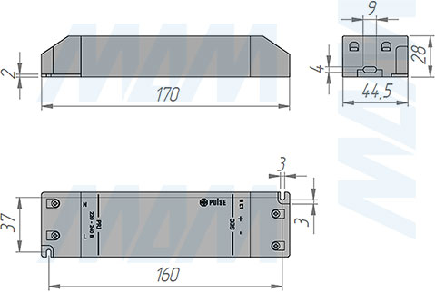 Размеры блока питания AC-230/DC-24V, IP20, 75W (артикул LSA-PS24V-IP20-75W)