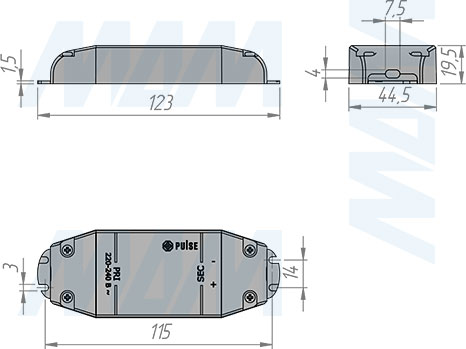 Размеры блока питания AC-230/DC-12V, IP20, 30W (артикул LSA-PS12V-IP31-30W)