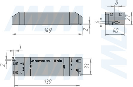 Размеры блока питания AC-230/DC-12V, IP20, 40W (артикул LSA-PS12V-IP31-40W)