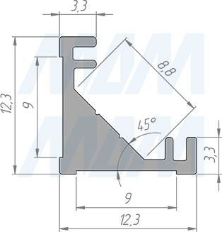 Размеры углового профиля СМ5, 12х12 мм, для углового рассеивателя (артикул LSP-CM5-ALU)