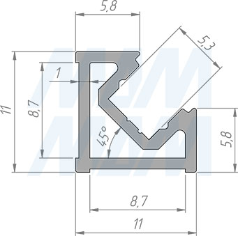 Размеры углового узкого профиля СМ7, 11х11 мм, для ленты с основанием 5 мм и углового рассеивателя (артикул LSP-CM7-ALU)