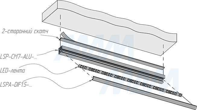 Установка углового узкого профиля СМ7, 11х11 мм, для ленты с основанием 5 мм и углового рассеивателя (артикул LSP-CM7-ALU)