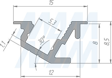 Размеры углового узкого врезного профиля FM10, 15х8,5 мм, для ленты с основанием 5 мм (артикул LSP-FM10-ALU)