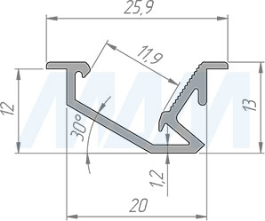 Размеры врезного профиля FM4 26X13 мм для светодиодной ленты (артикул LSP-FM4-ALU)