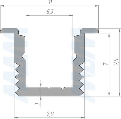 Размеры узкого врезного профиля FM8, 11х7,5 мм, для ленты с основанием 5 мм (артикул LSP-FM8-ALU)