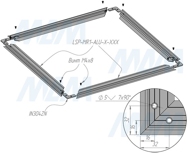 Сборка и монтаж профиля MR1 для зеркала, серебро, для плоского рассеивателя, L-3000 (артикул LSP-MR1-ALU-3-AL), схема 1
