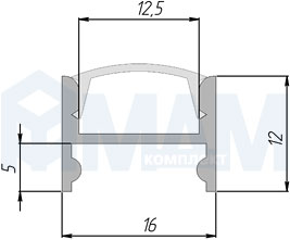 Размеры накладного профиля SM2 быстрого монтажа 16х12 мм (артикул LSP-SM2-ALU...0)